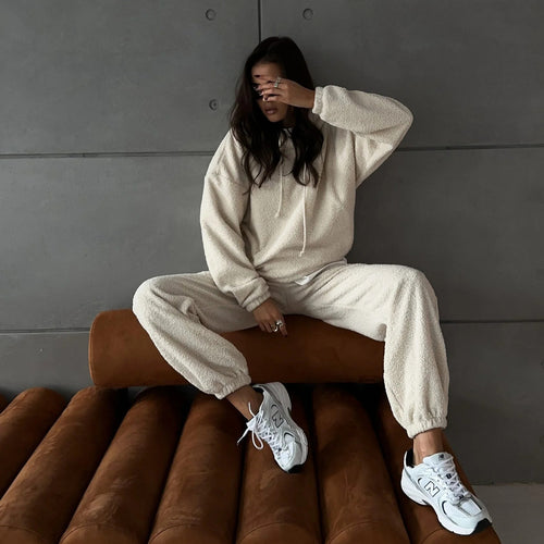 Damen Kuscheliges Sherpa-Loungewear-Set mit Oversized-Kapuzenpullover und weiten Bündchenhosen Drune