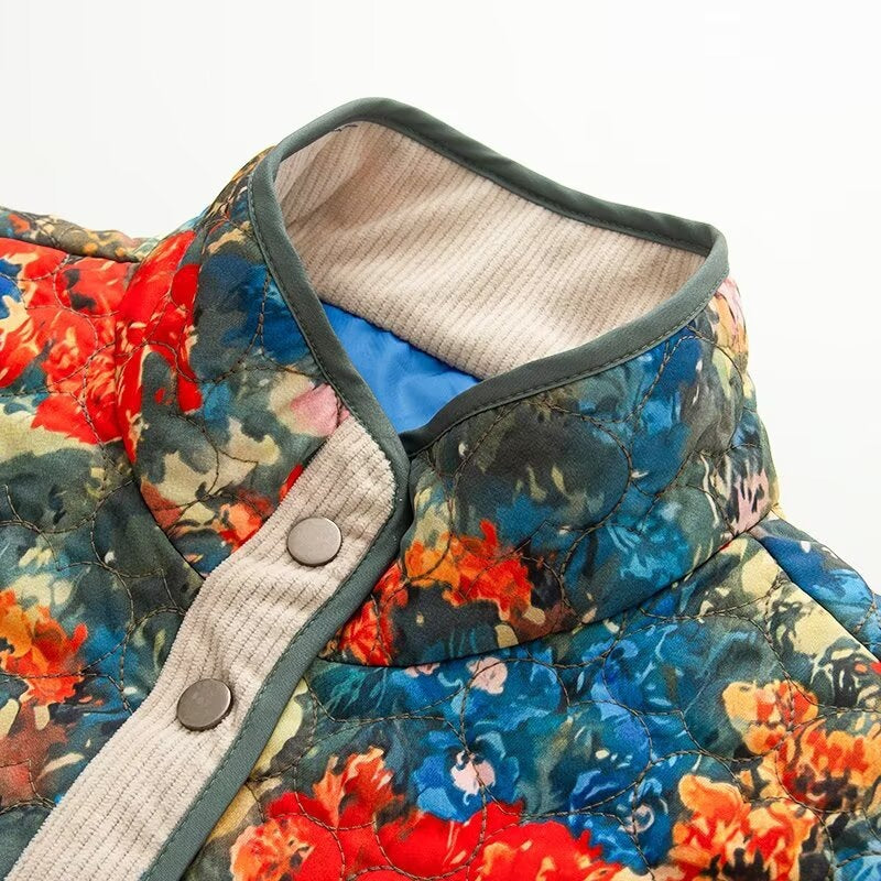 Damen Gesteppte Übergangsjacke mit floralem Allover-Muster und Stehkragen Drune