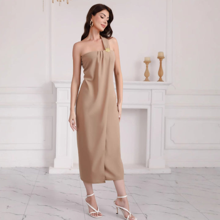 Damen elegantes schulterfreies Maxikleid mit Dekorativem Detail Drune