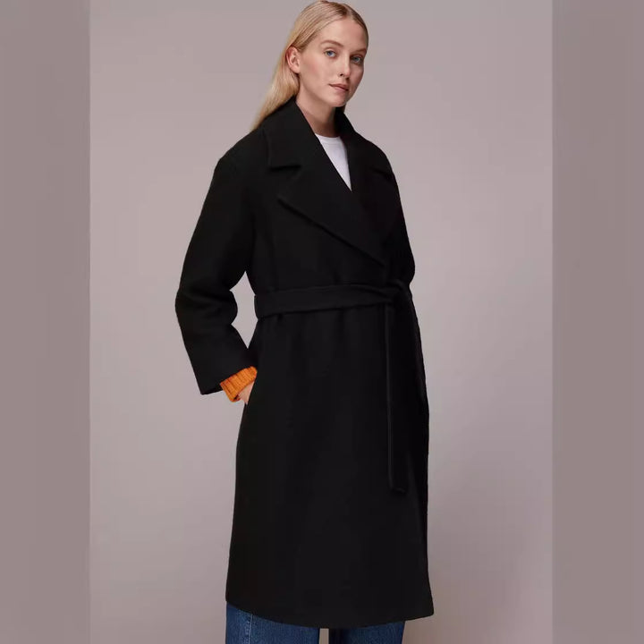 Damen Midilanger Wollmix‑Longmantel mit minimalem Schalkragen und relaxed Silhouette Drune