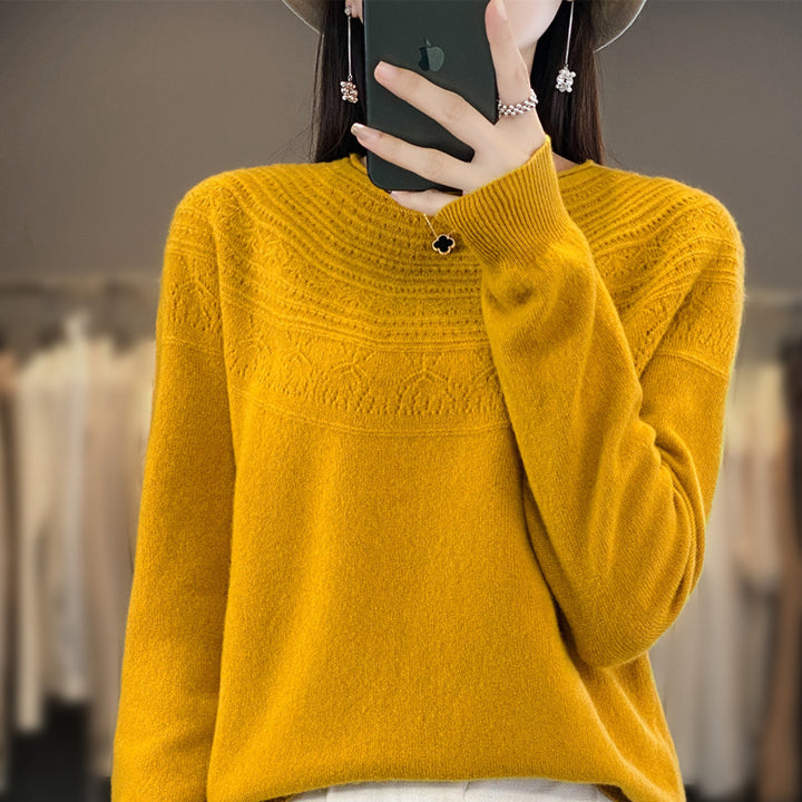 Damen Rundhals-Feinstrickpullover mit strukturierter Passe und Kaschmir-Optik Drune