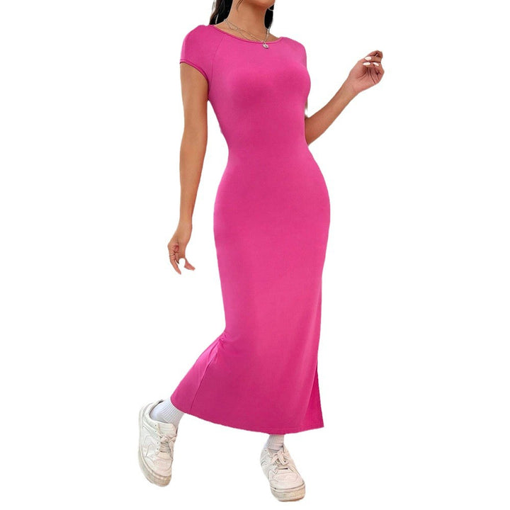 Damen figurbetontes Maxikleid mit seitlichem Schlitz und modernen Kurzärmeln Drune