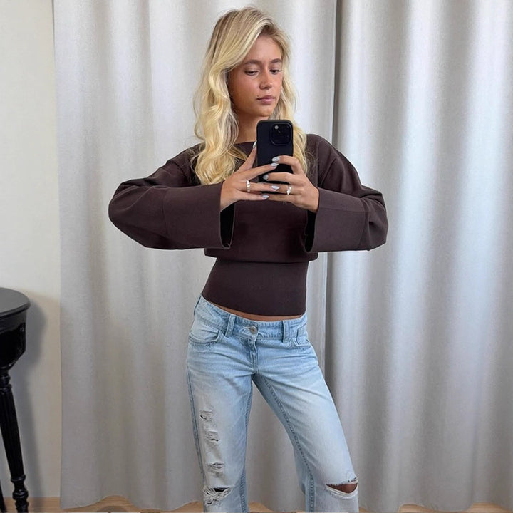 Damen Cropped Feinstrick-Pullover mit weiten Manschettenärmeln und tailliertem Rippbund Drune