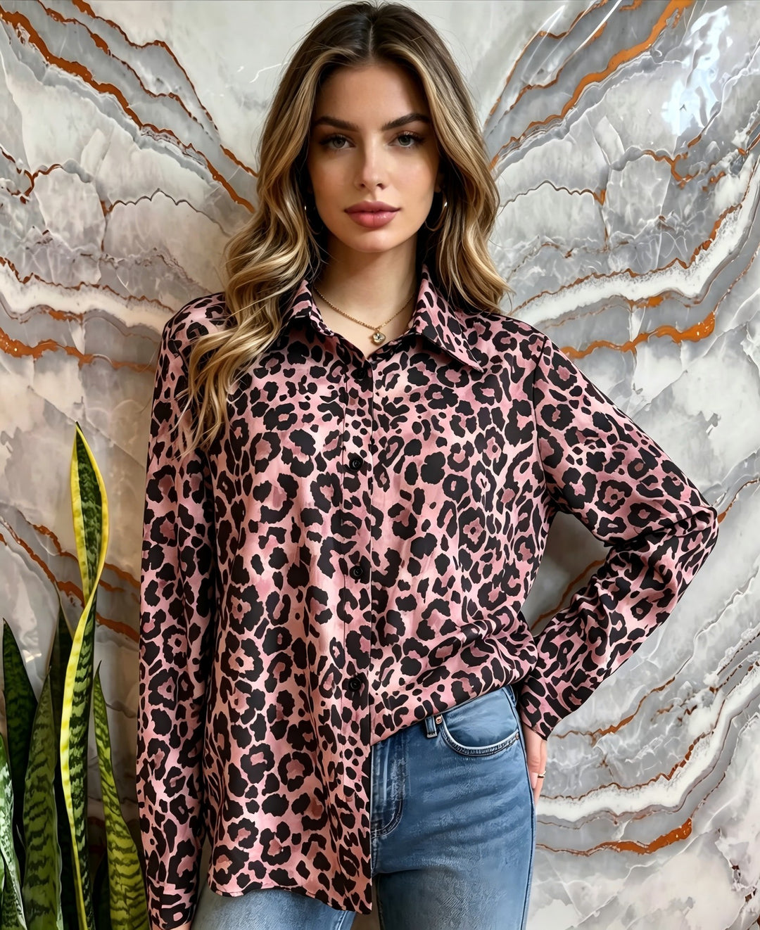 Damen Satin-Leopardenmuster Button-Up Bluse Drune