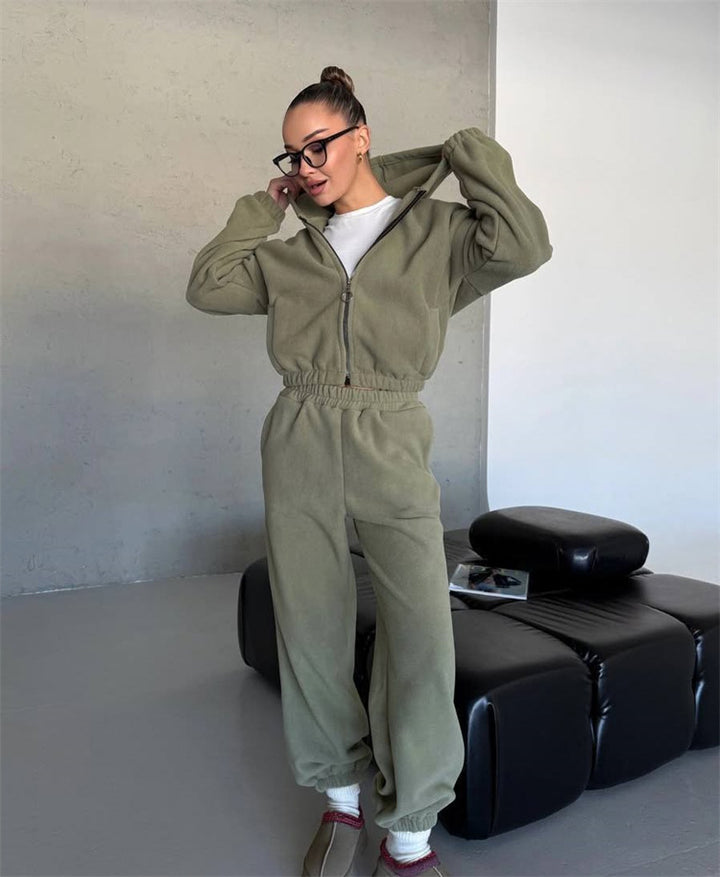 Damen kuscheliges Fleece-Hoodie und Jogginghose Lounge-Set mit Reißverschluss Kapuze elastischem Bund Drune