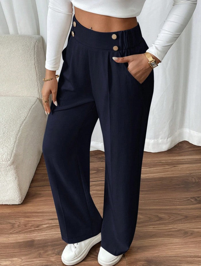 Damen Klassische weite Hose mit Knopfleiste und Taschen Drune