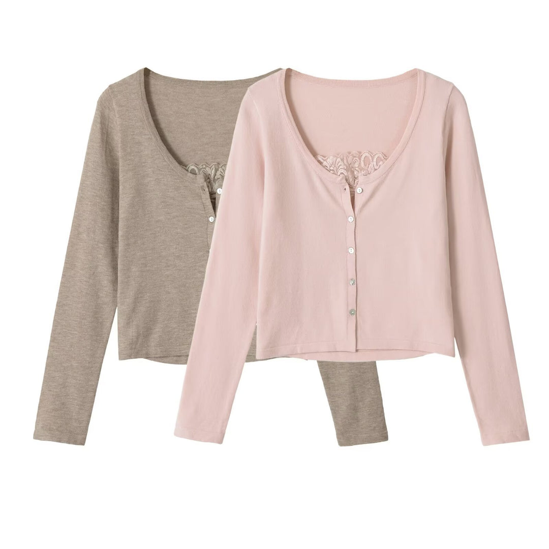 Damen Feine Knopfjacke mit Spitzen-Detail und U-Boot-Ausschnitt Drune