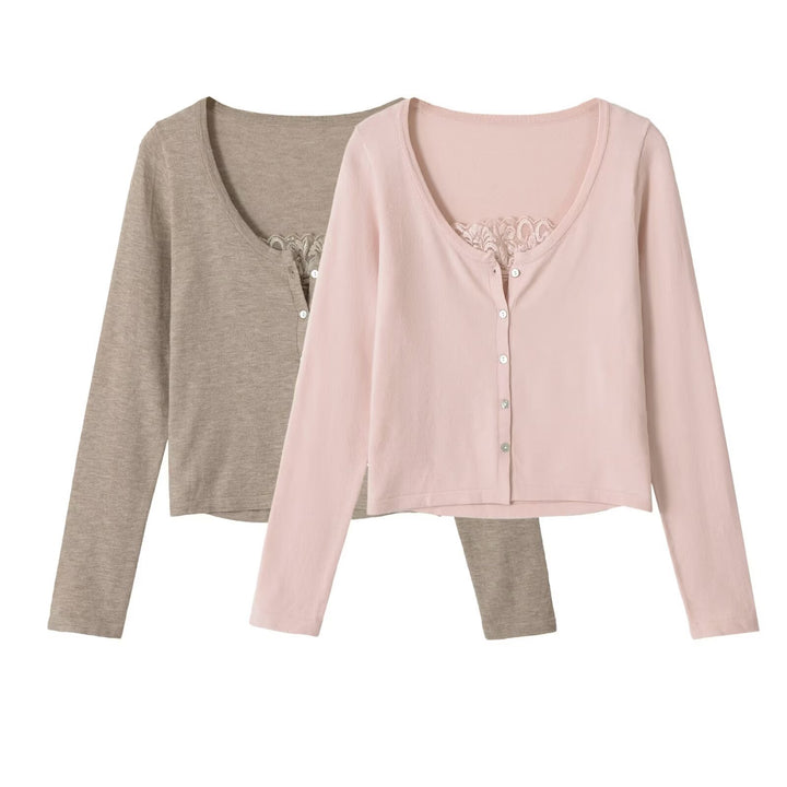 Damen Feine Knopfjacke mit Spitzen-Detail und U-Boot-Ausschnitt Drune