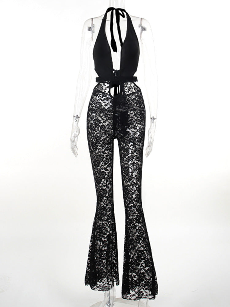 Damen eleganter Spitzen-Jumpsuit mit tiefem V-Ausschnitt und Glockenhosen Drune