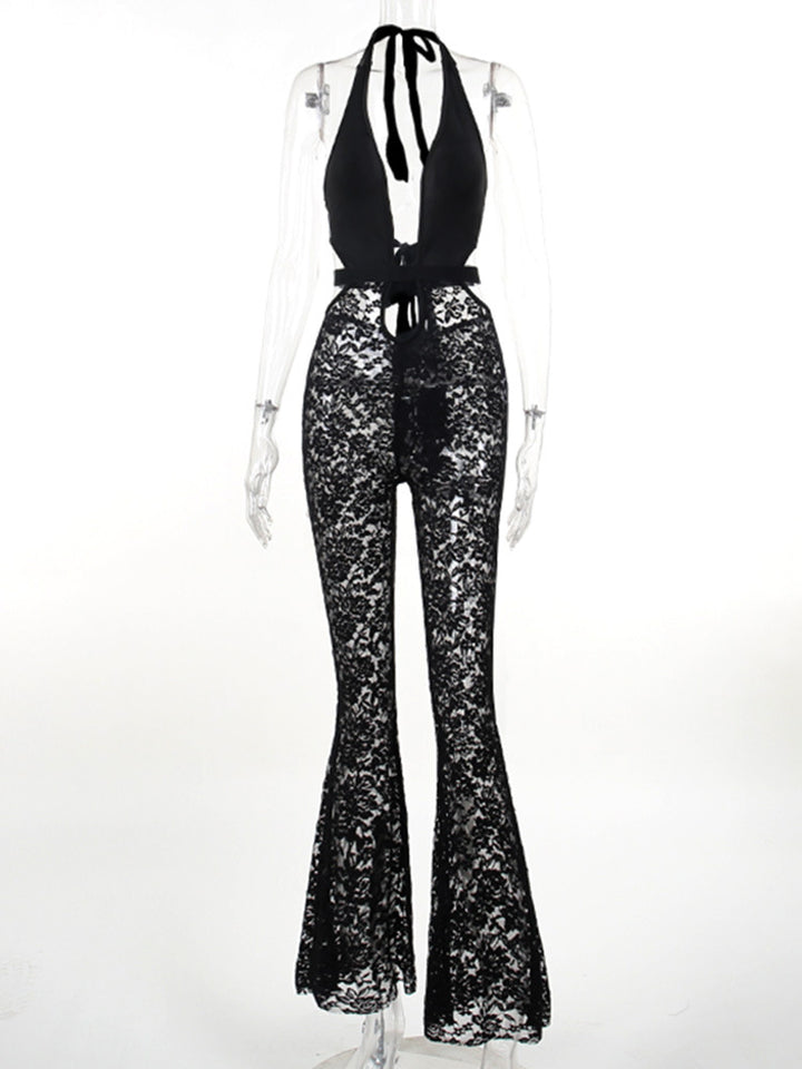 Damen eleganter Spitzen-Jumpsuit mit tiefem V-Ausschnitt und Glockenhosen Drune