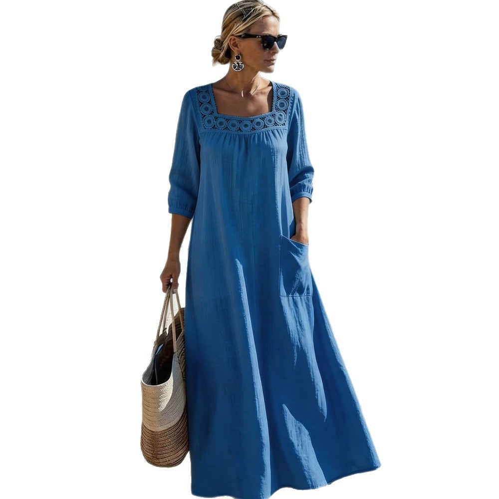 Damen Maxikleid mit elegantem Rundhalsausschnitt und praktischen Taschen Drune