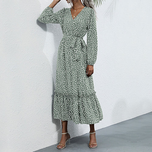 Damen Gemustertes Midikleid mit Wickel‑Optik, geraffter Taille und Stufenvolant Drune