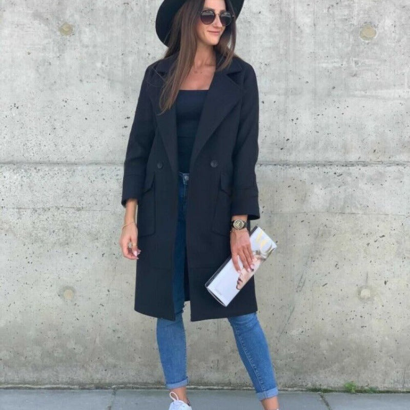 Damen Midilanger Wollmix Mantel im Clean-Cut mit Reverskragen und aufgesetzten Taschen Drune