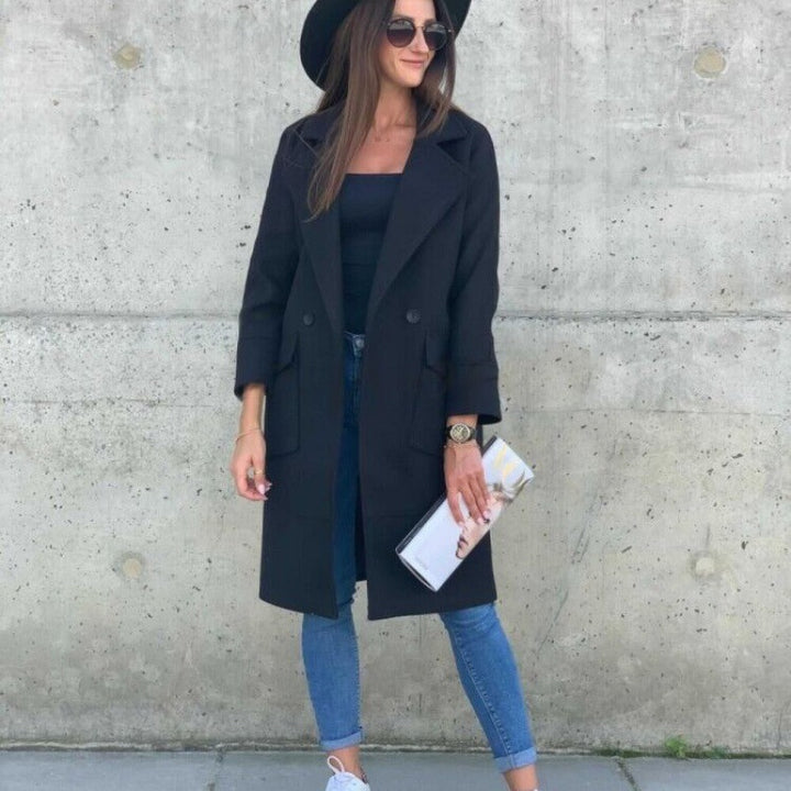 Damen Midilanger Wollmix Mantel im Clean-Cut mit Reverskragen und aufgesetzten Taschen Drune