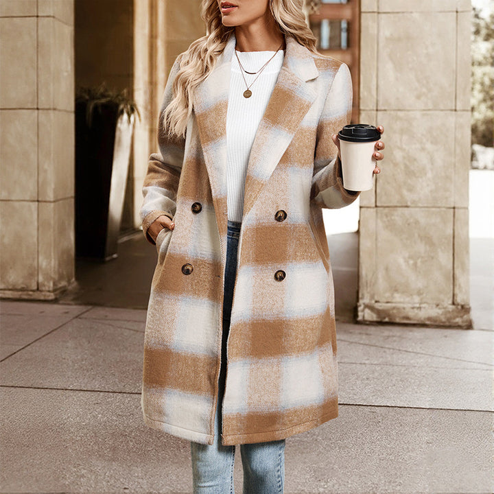 Damen Zweireihiger Wollmix-Mantel mit Oversize-Karos, Reverskragen und Eingrifftaschen Drune