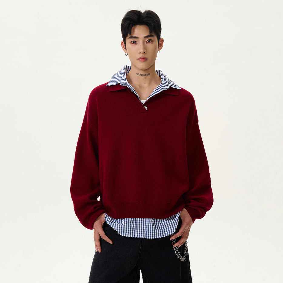 Herren Modischer Grobstrickpullover mit Hemdkragen und Knopfleiste Drune