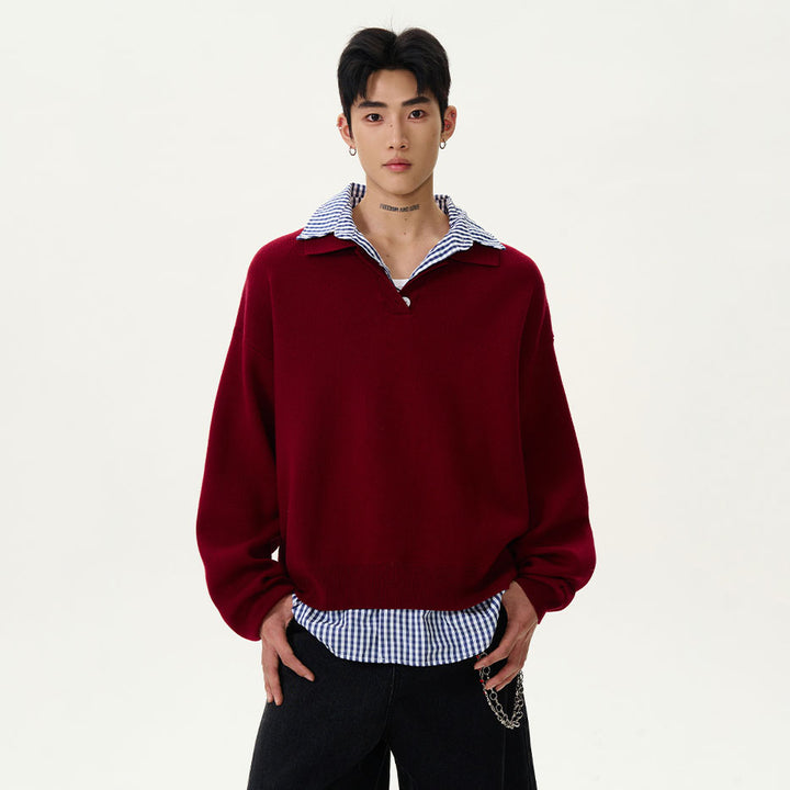 Herren Modischer Grobstrickpullover mit Hemdkragen und Knopfleiste Drune