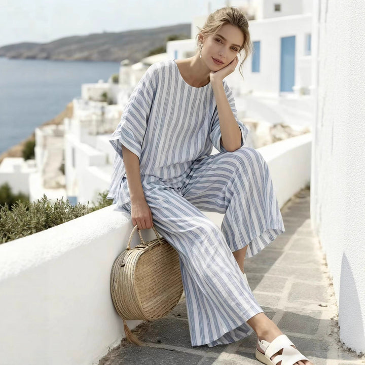 Damen Zweiteiliges gestreiftes Leinen‑Optik Lounge‑Set mit Oversize‑Bluse und High‑Waist Palazzo Drune