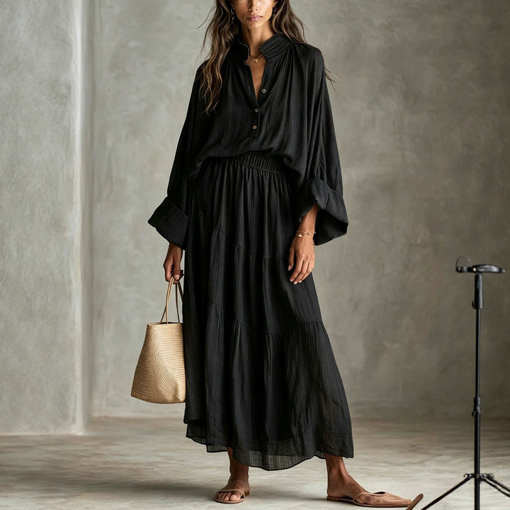 Damen Maxikleid mit geraffter Taille, Stehkragen und voluminösen Ballonärmeln Drune