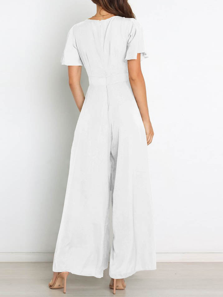 Drune | Kurzarm Breite Beinform Lässig V-Ausschnitt Jumpsuit