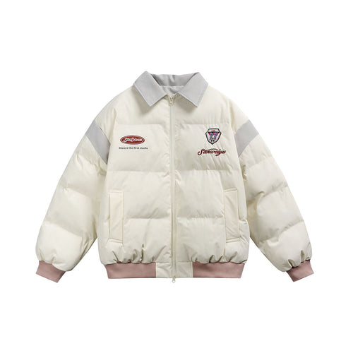 Damen Kurz geschnittene wattierte Blousonjacke mit kontrastierendem Kragen und Stickdetails Drune