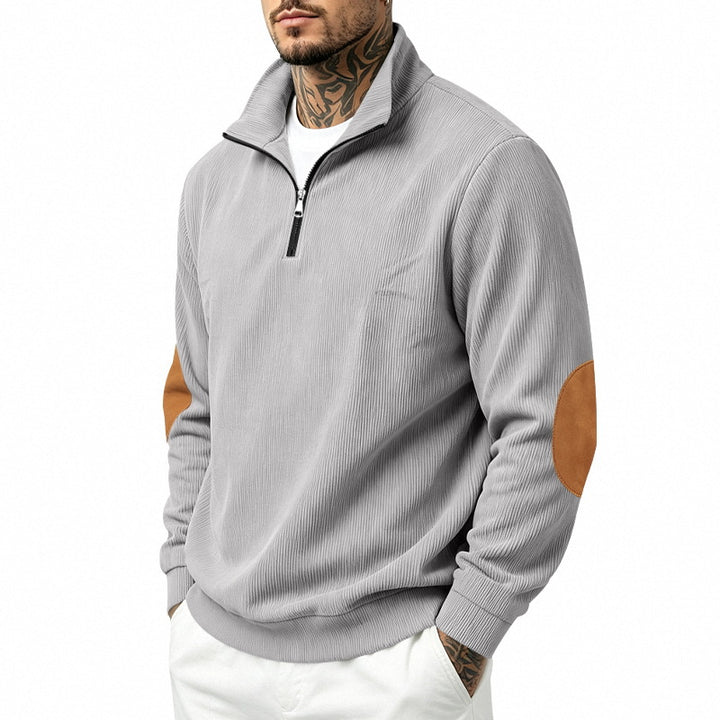 Herren Leichter Struktur-Halbzip-Pullover mit Cord‑Ellbogenpatches und Stehkragen Drune