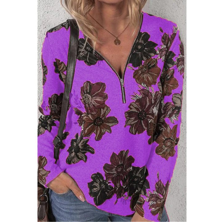 Damen lockeres V-Ausschnitt Longsleeve-Shirt mit kurzem Reißverschluss und floralem Allover-Druck Drune
