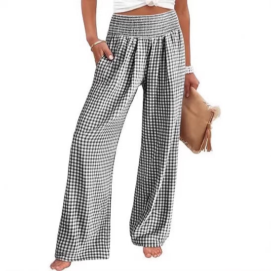 Damen Leichte Palazzo‑Hose mit Smokbund, weitem Bein und Karo‑Print Drune