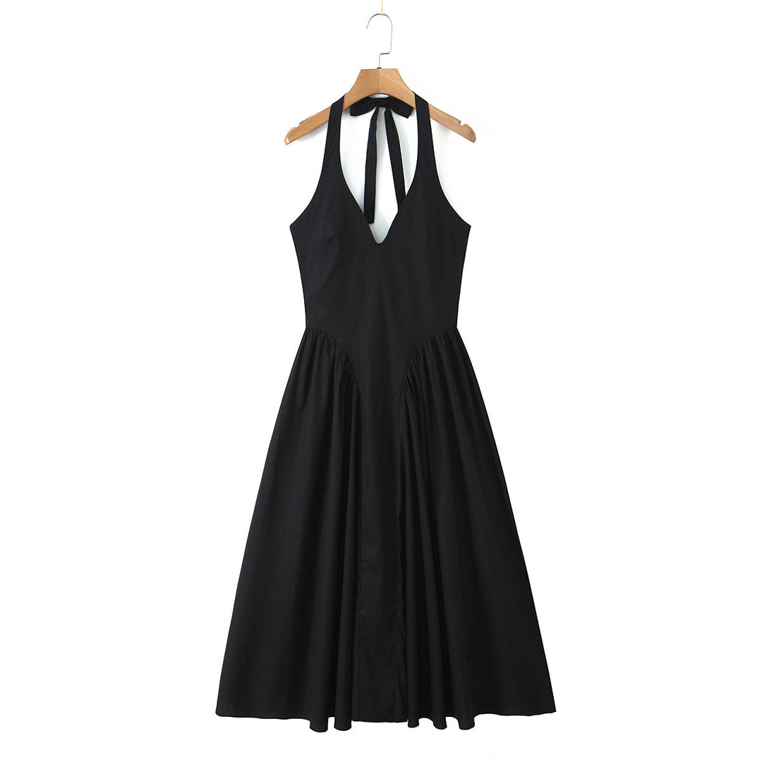 Damen A-linien Midi-Kleid mit tiefem V-Ausschnitt und verspieltem Rückenausschnitt Drune