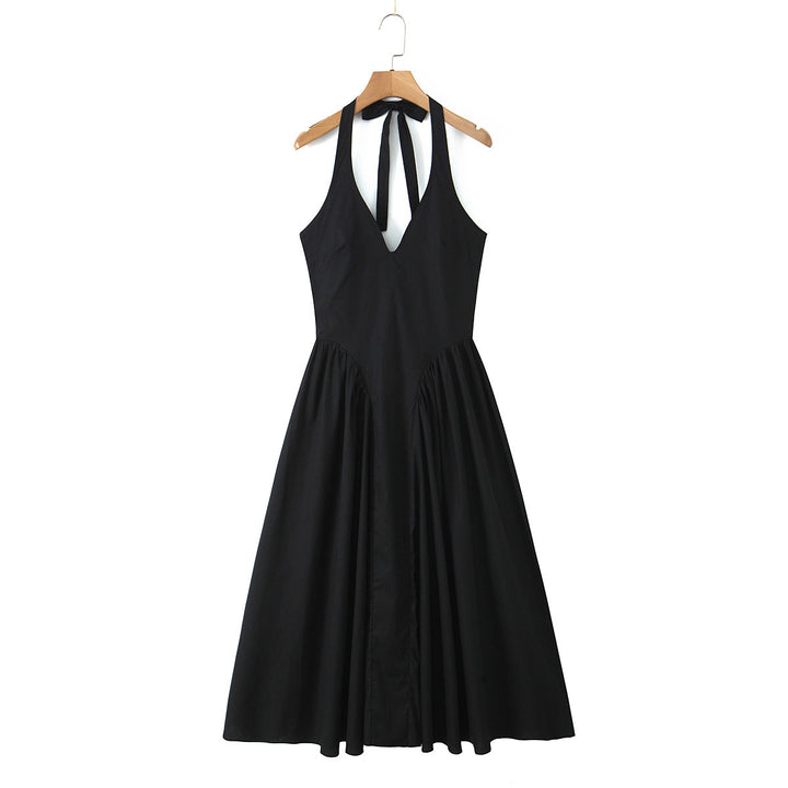 Damen A-linien Midi-Kleid mit tiefem V-Ausschnitt und verspieltem Rückenausschnitt Drune