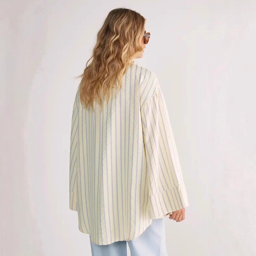 Damen Oversize-Hemdbluse mit weitem Glockenärmel und feinem Streifenmuster Drune