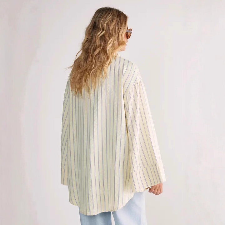 Damen Oversize-Hemdbluse mit weitem Glockenärmel und feinem Streifenmuster Drune
