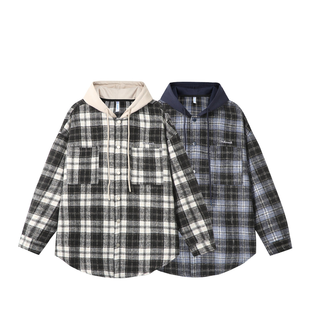 Unisex Oversized Karo-Hemdjacke mit Kapuze, Druckknöpfen und Brusttasche Drune
