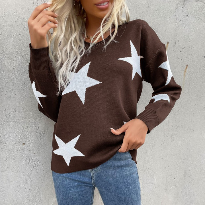 Damen Sternen-Feinstrickpullover mit V-Ausschnitt und lässiger Oversize-Passform Drune