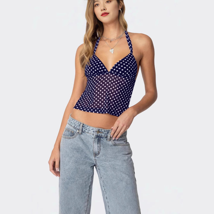 Damen luftiges Polka-Dots Oberteil mit tiefem V-Ausschnitt und Trägern Drune