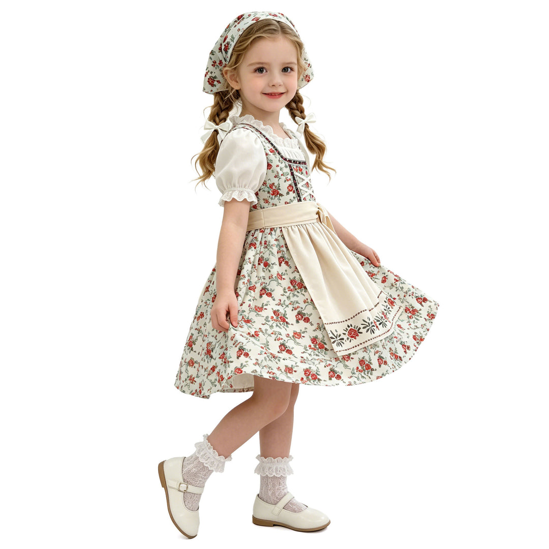 Damen nan Kinderdirndl Trachtenkleid mit Spitzenbluse Schürze und Kopftuch Drune