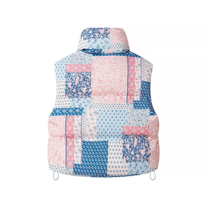 Damen nan gesteppte Weste mit floralem Allover-Print, hohem Stehkragen und verstellbarem Saum Drune