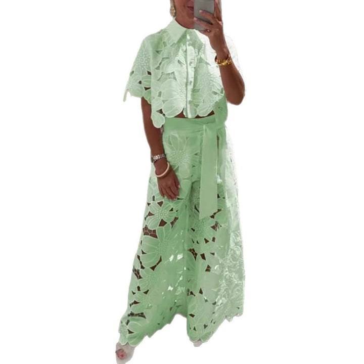 Damen nan zweiteiliges Lochstickerei-Set mit Kurzbluse und Maxirock mit Bindegürtel Drune
