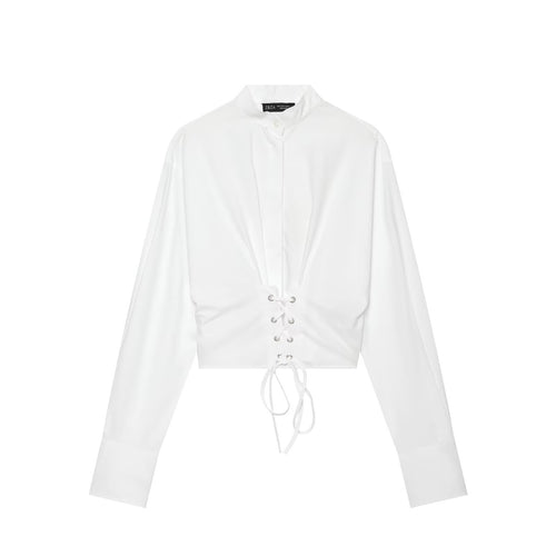 Damen Taillierte Cropped-Bluse mit Stehkragen, Schnürung und langen Manschetten Drune