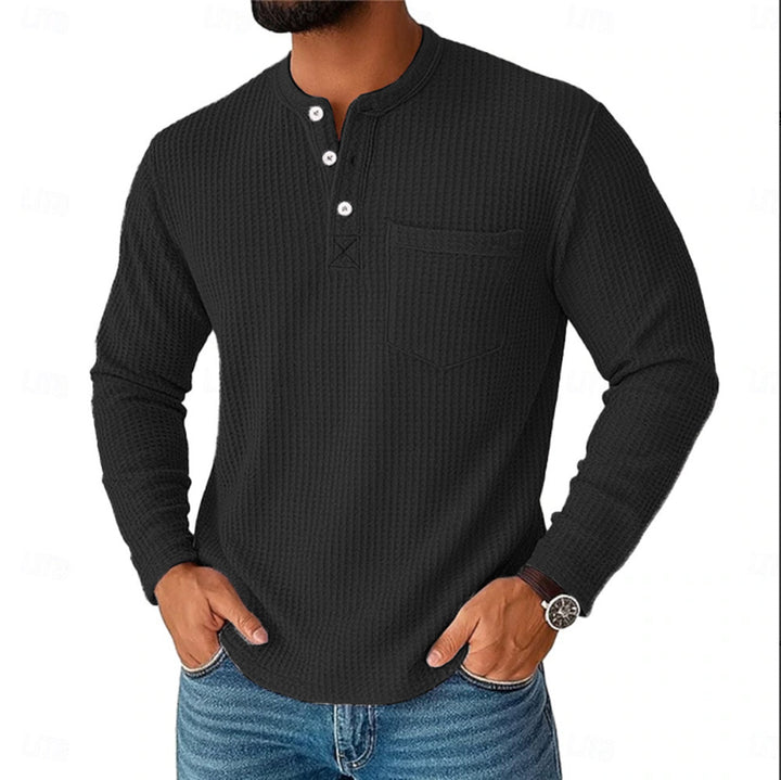 Herren Langarm Henley mit Waffelstruktur und Brusttasche thermisches Langarmshirt Drune