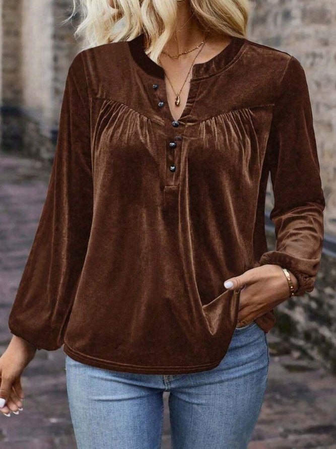 Damen Samtsweatshirt mit Henley-Knopfleiste, geraffter Brustpasse und lockerer Silhouette Drune