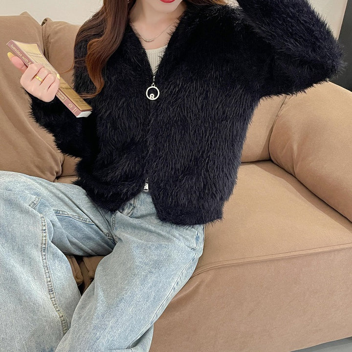 Damen kuschelige Strickjacke mit Kapuze und weichem Material Drune