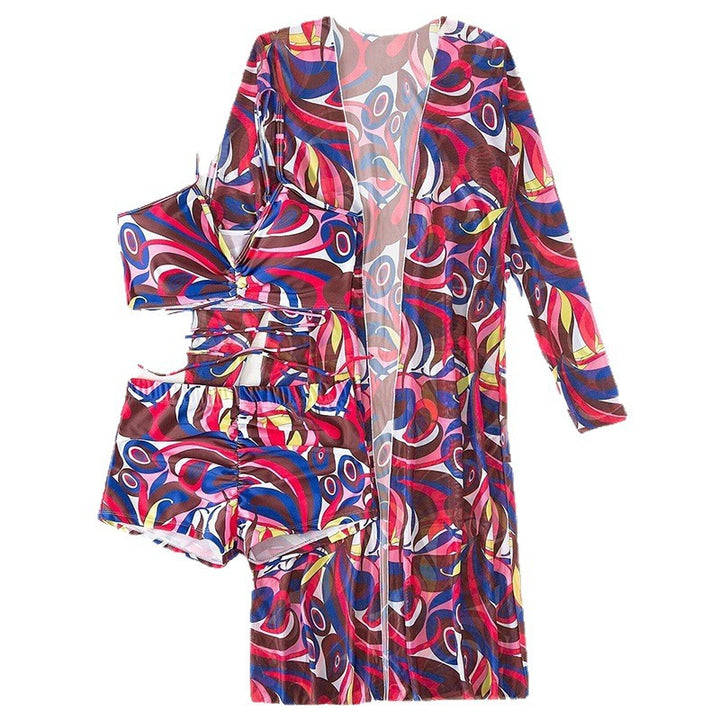 Damen Strandanzug mit leichtem Kimono und buntem Unterteil Drune
