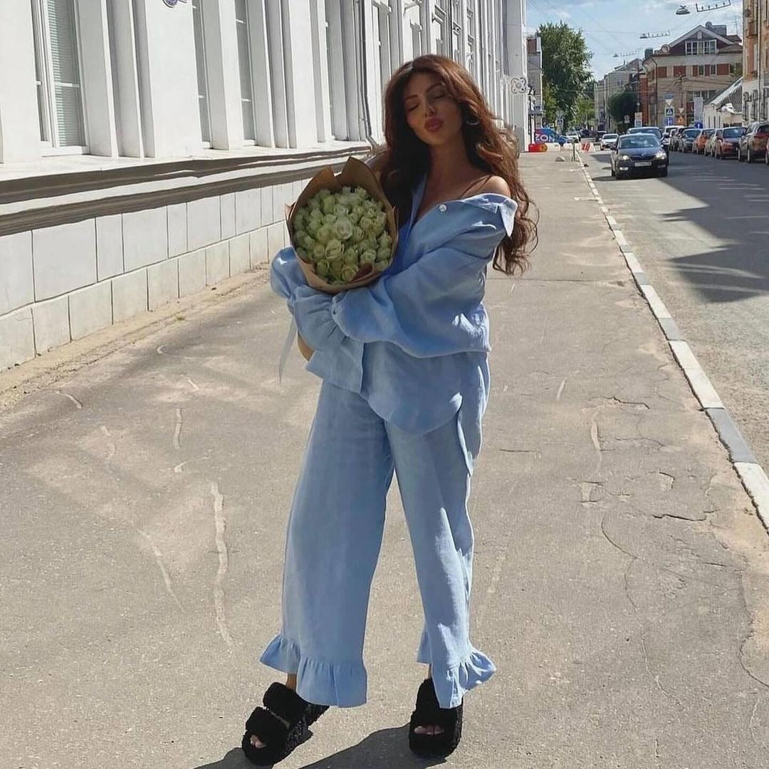 Damen lässiges Pyjama-Set aus atmungsaktiver Baumwolle Drune