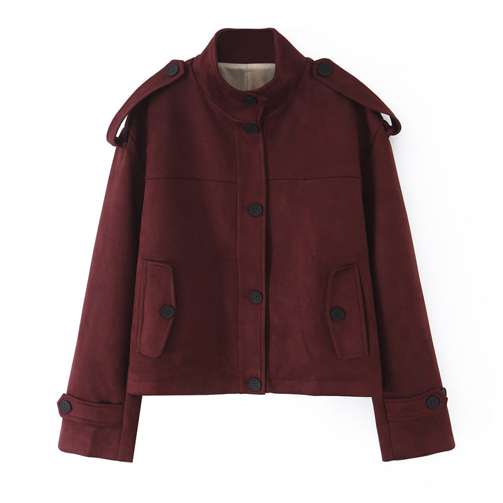Damen Kurze Jacke in Velourslederoptik mit Stehkragen, Schulterklappen und Pattentaschen Drune
