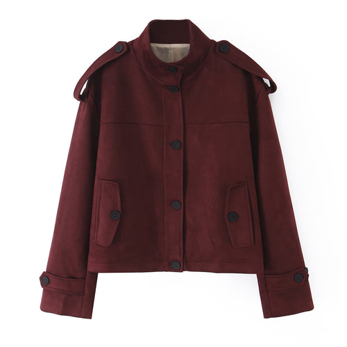 Damen Kurze Jacke in Velourslederoptik mit Stehkragen, Schulterklappen und Pattentaschen Drune