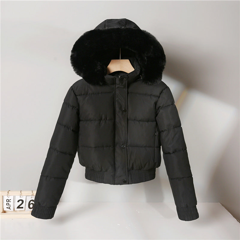 Damen nan kurz geschnittene Thermosteppjacke mit abnehmbarer Kunstfellkapuze und Rippbündchen Drune