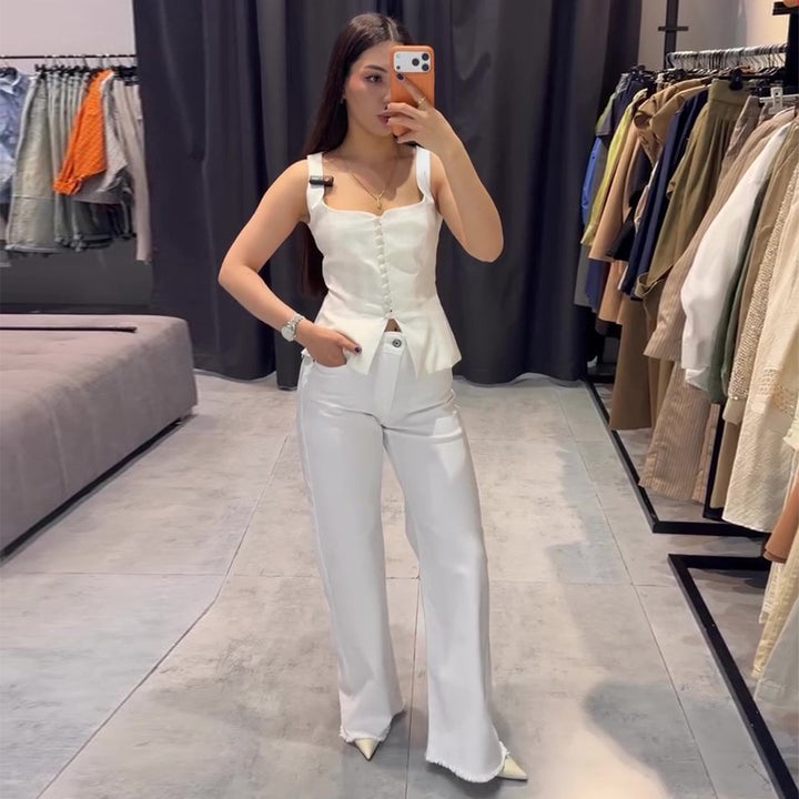 Damen Elegantes Top mit tailliertem Schnitt und dekorativen Knöpfen Drune