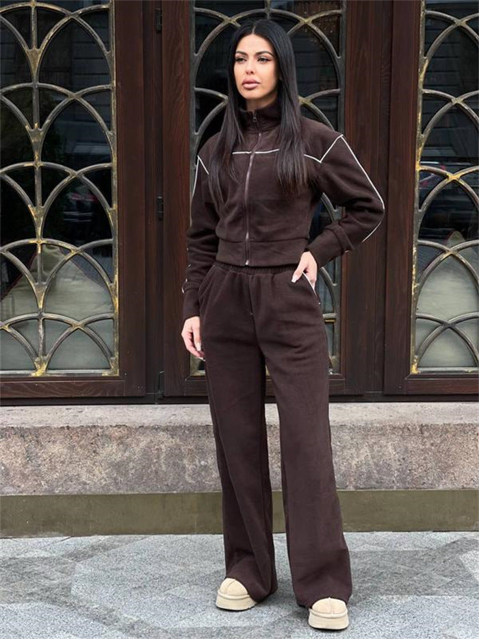Damen Kurzgeschnittenes Zip-Oberteil mit lockerfallender High-Waist-Loungehose Drune