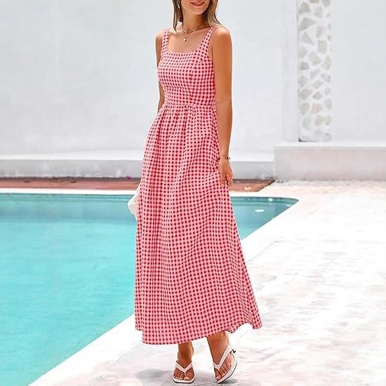 Damen Maxikleid im klassischen Karomuster mit verstellbaren Trägern und elastischem Bund Drune